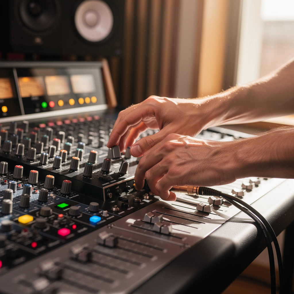 GG Recording Studio San Diego professional audio engineer working with state-of-the-art mixing console in our San Diego studio